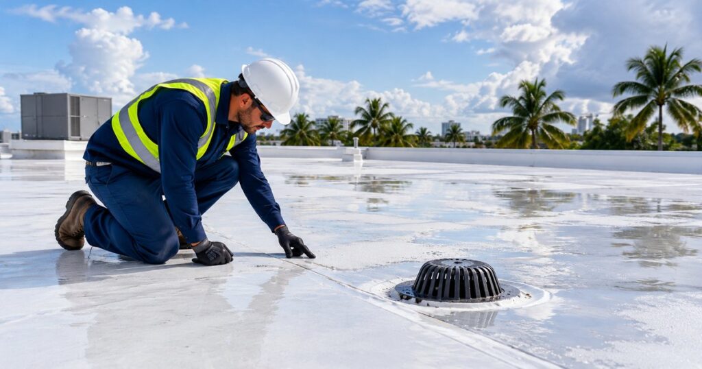 Roofer inspecting a white commercial flat roof drain for leaks in South Florida