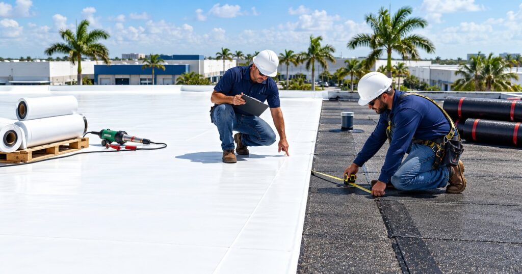 Roofing crew measuring and installing a commercial roof membrane in South Florida