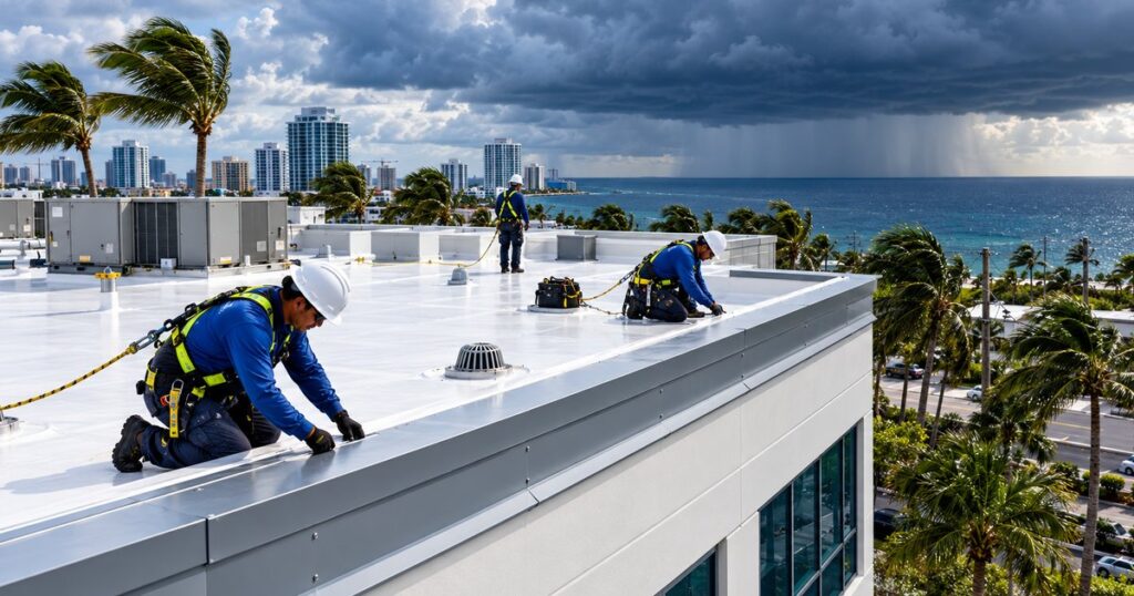 Roofers working with safety harnesses on a Florida commercial roof as a storm approaches